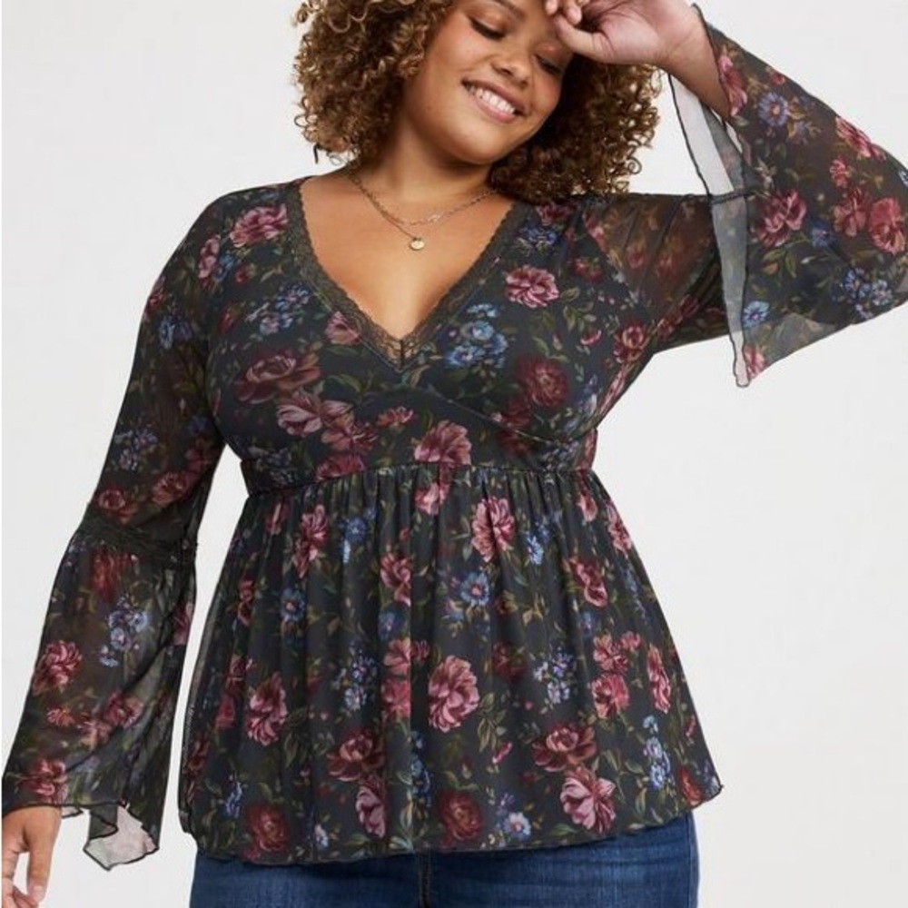 Torrid Gray Floral V-Neck Top